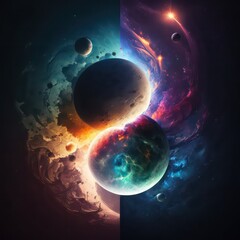 Obraz na płótnie Canvas Fantasy colorful planet in universe. Abstract universe fantasy wallpaper background. Huge planet with fantasy color theme. Generative AI.