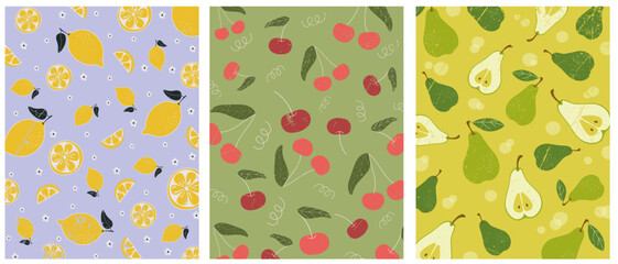 Fruits pattern. Lemon  pattern. Crerry pattern. Pear pattern. Vector pattern