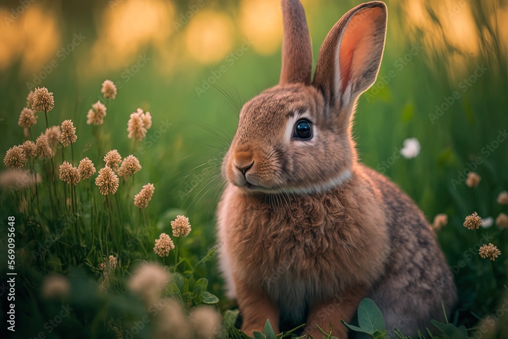 Aufkleber blurred background image of a brown rabbit resting on grass generative ai