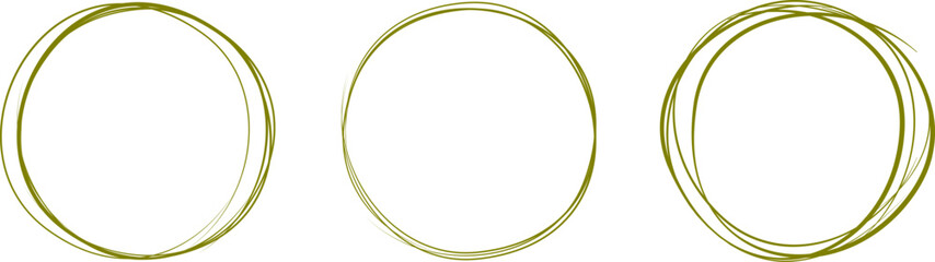 Olive green circle line hand drawn set. Highlight hand drawing circle on background. Round handwritten circle. For marking text, note, mark icon, number, marker pen, pencil and text check, vector