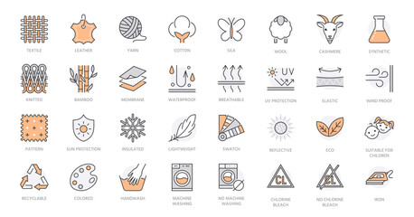 Fabric feature line icons set. Material features - textile, leather, cotton, silk, wool, cashmere yarn, synthetic vector illustration. Outline signs about clothes label. Orange color Editable Stroke - 569097066