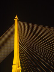 BANGKOK - High Resolution of Rama VIII Bridge Cable : Night scene of the Steel bridge pylon during the night in Bangkok, Thailand, under dark night sky, on February 5, 2023.
