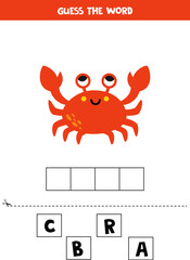 Spelling game for preschool kids. Cute cartoon crab.
