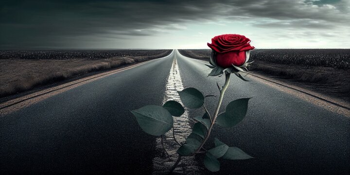 Rote Rose auf einer Stra&szlig;e in das unendliche in schwarz wei&szlig;, ai generativ