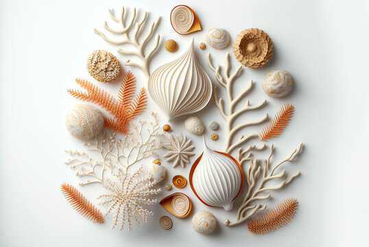 Collection of white sea shells and corals on white. Generative AI