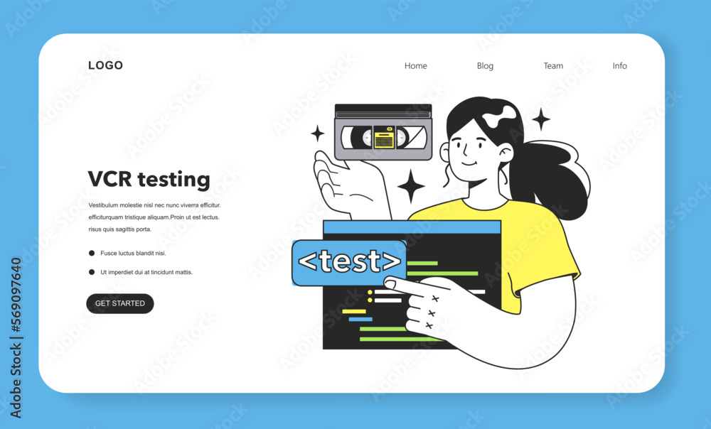 Poster vcr testing technique web banner or landing page. software testing
