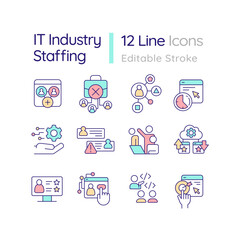 IT industry staffing RGB color icons set. Hiring process. Information technology. Human resources. Isolated vector illustrations. Simple filled line drawings collection. Editable stroke