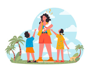 Mother get tired of naughty whining children. Bad vacation experience.