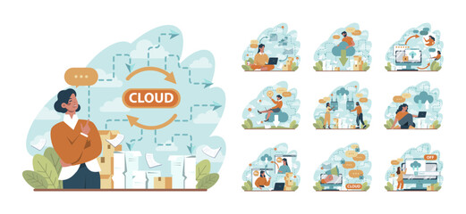 Cloud technology concept set. Data information storage and exchange