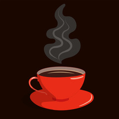 Red cup of hot aromatic coffee or tea with beautiful steam patterns on a black background. Vector illustration.