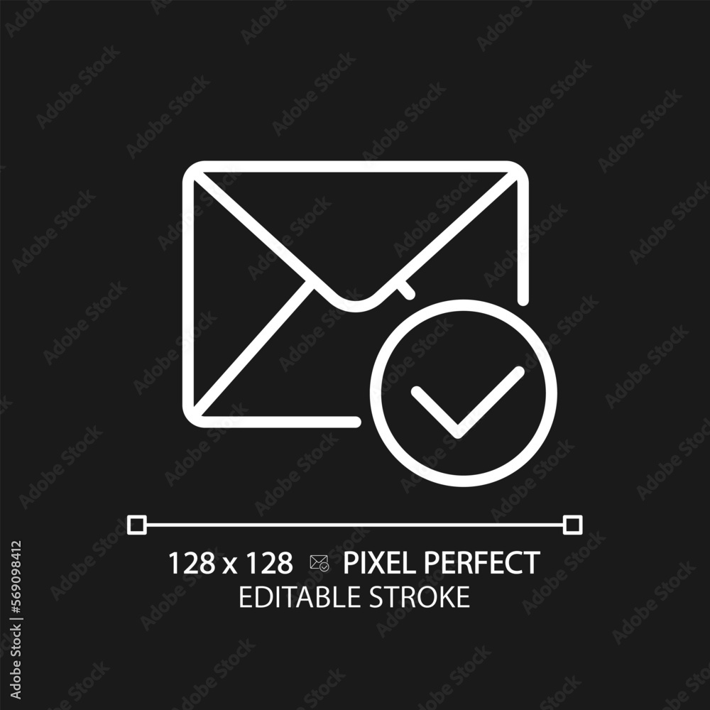 Poster envelope with checkmark pixel perfect white linear icon for dark theme. email notification sign. com
