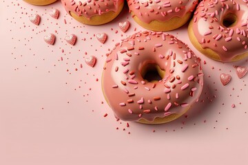Delicious Heart-Shaped Donut on Pink Background - Top View with Copy Space for Food. Generative AI
