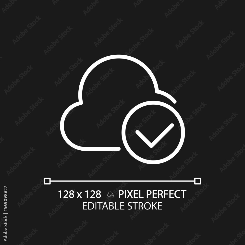 Poster cloud with check mark pixel perfect white linear icon for dark theme. safe digital data storage. kee