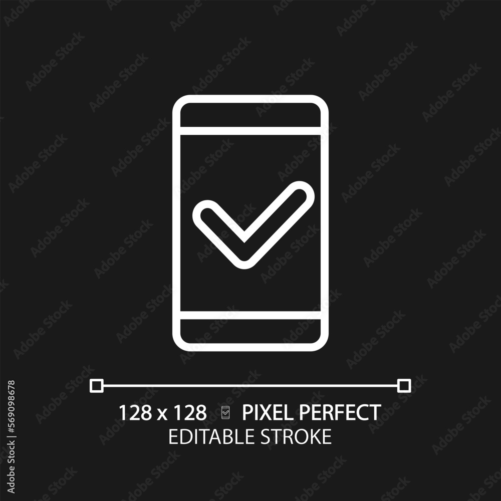 Poster mobile phone with check mark pixel perfect white linear icon for dark theme. safe communication via 