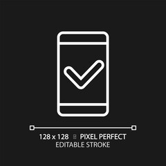 Mobile phone with check mark pixel perfect white linear icon for dark theme. Safe communication via smartphone. Thin line illustration. Isolated symbol for night mode. Editable stroke
