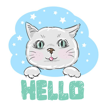 Vector hand drawn cute cat face saying Hello. Vector illustration with lettering on white background