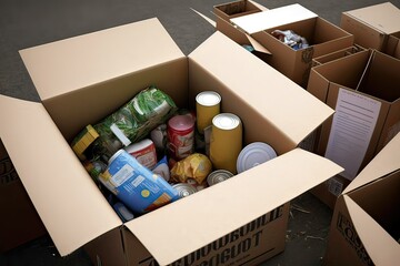 Donating Food for Coronavirus Relief: Filling Cardboard Boxes for Disaster Aid. Generative AI
