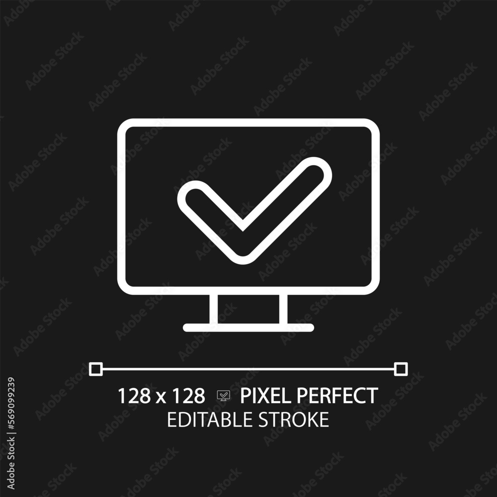 Poster computer with check mark pixel perfect white linear icon for dark theme. correct work of pc. install