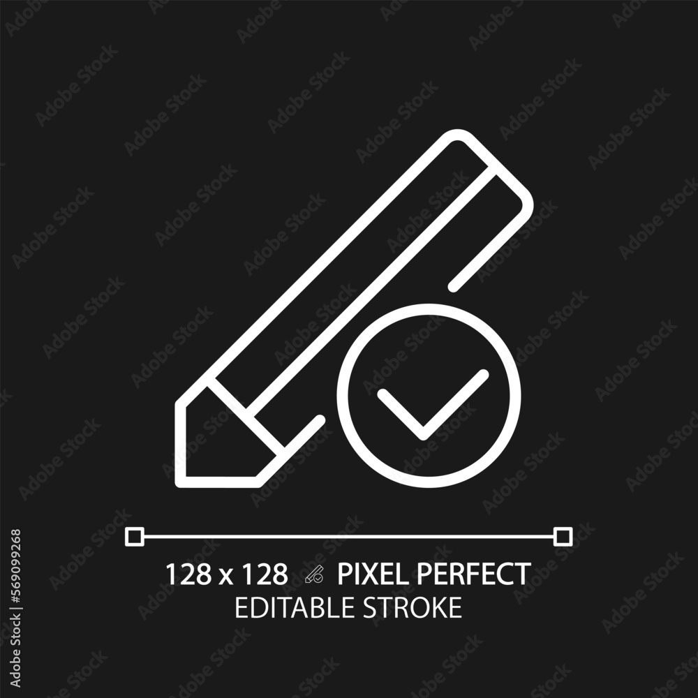 Poster pencil with check mark pixel perfect white linear icon for dark theme. voting process. writing appro