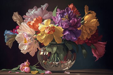  a painting of flowers in a vase on a wooden table with a black background and a few pink, yellow, and purple flowers in the vase.  generative ai