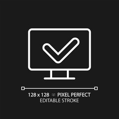 Computer with check mark pixel perfect white linear icon for dark theme. Correct work of PC. Install anti malware software. Thin line illustration. Isolated symbol for night mode. Editable stroke