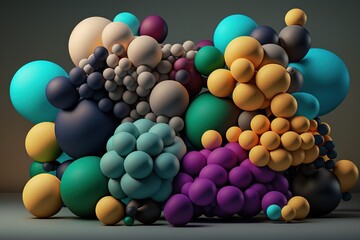 Fototapeta na wymiar a bunch of balloons that are in the shape of a bunch of balls on a table with a black background and a gray wall in the background. generative ai