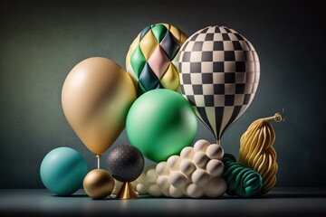  a bunch of balloons that are sitting on a table with a checkered design on the top of them and a tassel of other balloons in the background.  generative ai