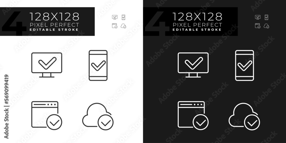 Poster checkmarks in digital technologies pixel perfect linear icons set for dark, light mode. approved acc