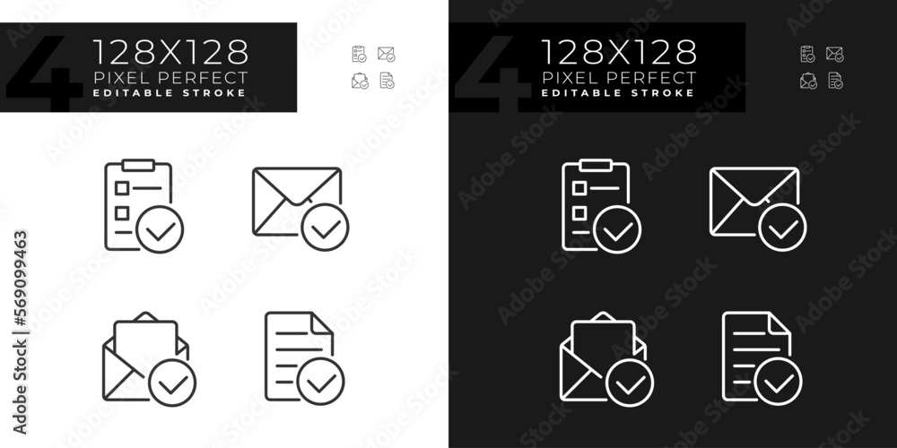 Poster documents with checkmarks pixel perfect linear icons set for dark, light mode. approvement of busine