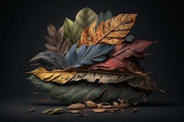  a pile of leaves sitting on top of a black table top next to a pile of leaves on top of a black table top with a black background.  generative ai