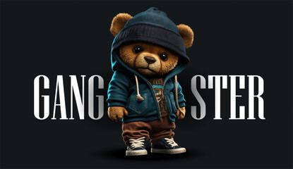 Cute, funny teddy bear in a cap and with a chain on a black background. Gangster kars slogan with a bear doll. Vector illustration - obrazy, fototapety, plakaty