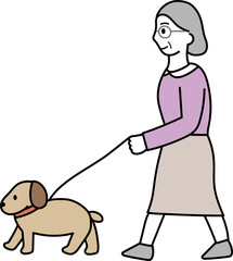 犬の散歩をするおばあさん