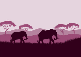 Fototapeta na wymiar Elephant silhouettes in savanna landscape background illustration vector.
