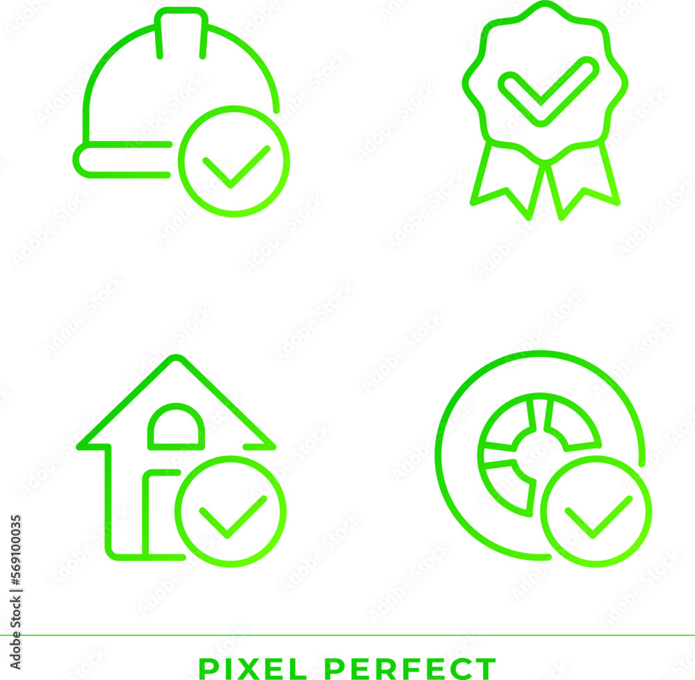 Poster achievements in industries pixel perfect gradient linear vector icons set. work safety. check marks.
