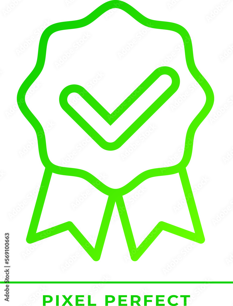 Poster award badge with check mark pixel perfect gradient linear vector icon. medal with ribbons and tick. 