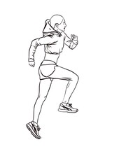Illustration d’une femme sportive montant des marches lors d’un jogging. Elle porte des baskets, un short et une brassière manche longue. Dessin réaliste et minimaliste aux lignes noir épurées.