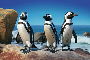  three penguins are standing on a rock near the ocean and a large rock is in the foreground with a blue sky in the background.  generative ai