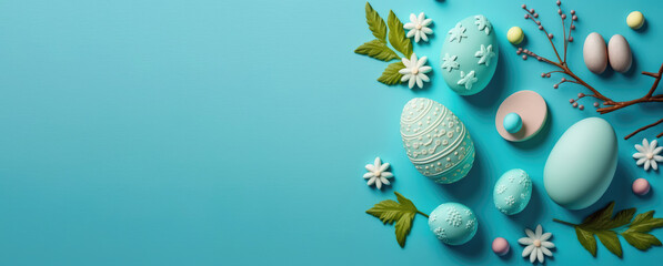 Easter background on blue with white copy space. Generative AI