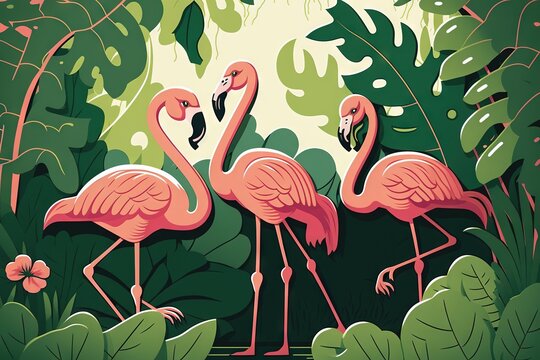  three pink flamingos standing in a tropical jungle with green leaves and a pink flower in the center of the picture is a pink flamingo standing in the foreground.  generative ai