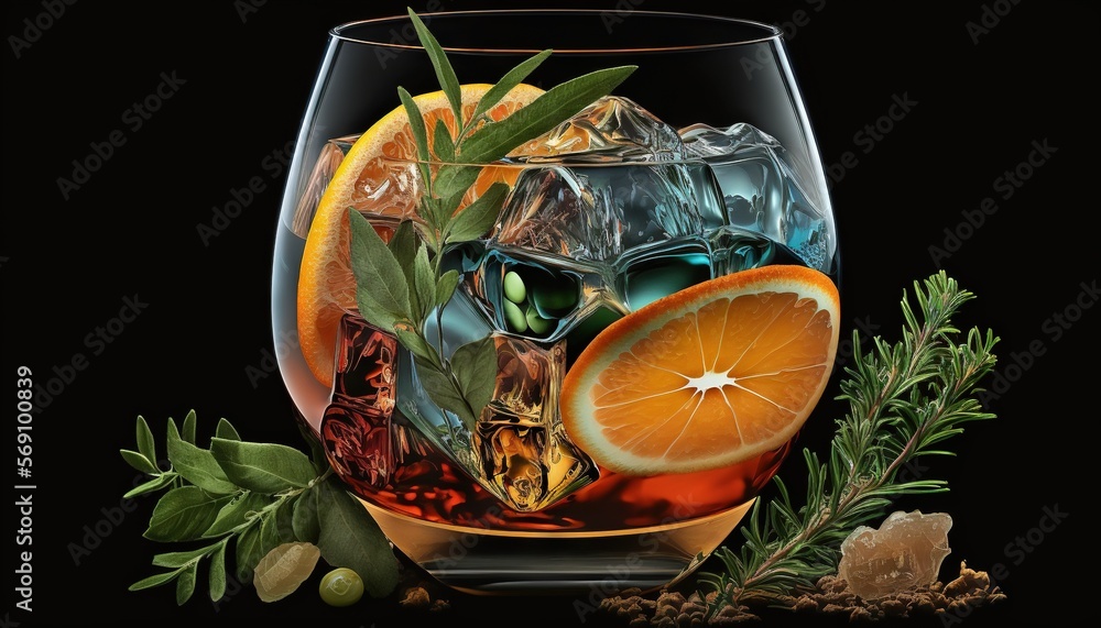 Poster  a glass filled with liquid and fruit on top of a black table top with leaves and other things around it and on the side of the glass is an orange slice.  generative ai