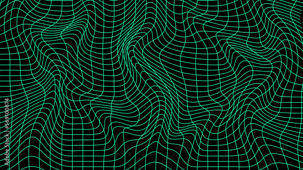 Poster abstract green wavy 3d mesh on a dark background. geometric dynamic wave. 3d technology wireframe. v
