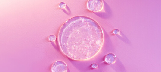 round transparent drop of clear gel serum on pink background