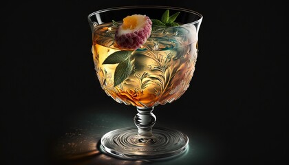  a glass of tea with a flower in it on a black background with a reflection of the tea in the glass on the side of the glass.  generative ai