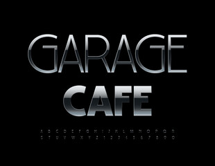 Fototapeta na wymiar Vector modern Emblem Garage Cafe. Elegant Metallic Font. Artistic Alphabet Letters and Numbers
