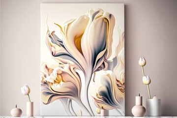  a painting on a wall next to a vase with flowers in it and a vase with a flower in it on a shelf next to a wall.  generative ai