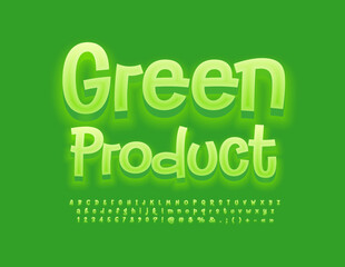 Vector green emblem Natural Food with decorative Leaf. Glowing artistic Font. Handwritten set of Alphabet Letters, Numbers and Symbols