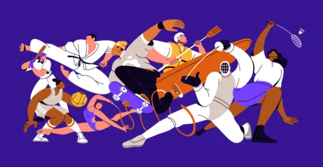 Keuken spatwand met foto Multi-sport concept. Different kinds of professional athletes, activities mix composition. Group of sportsmen in action, movement. Fencing, gymnastics, basketball. Isolated flat vector illustration © Good Studio