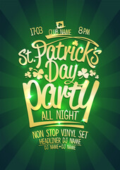 Patrick's day party poster with golden lettering and rays backdrop