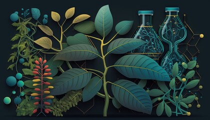  a group of plants and vases sitting on top of a black surface with a green leafy plant in the middle of the picture.  generative ai