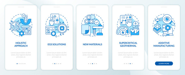 Geothermal energy trends blue onboarding mobile app screen. Walkthrough 5 steps editable graphic instructions with linear concepts. UI, UX, GUI template. Myriad Pro-Bold, Regular fonts used